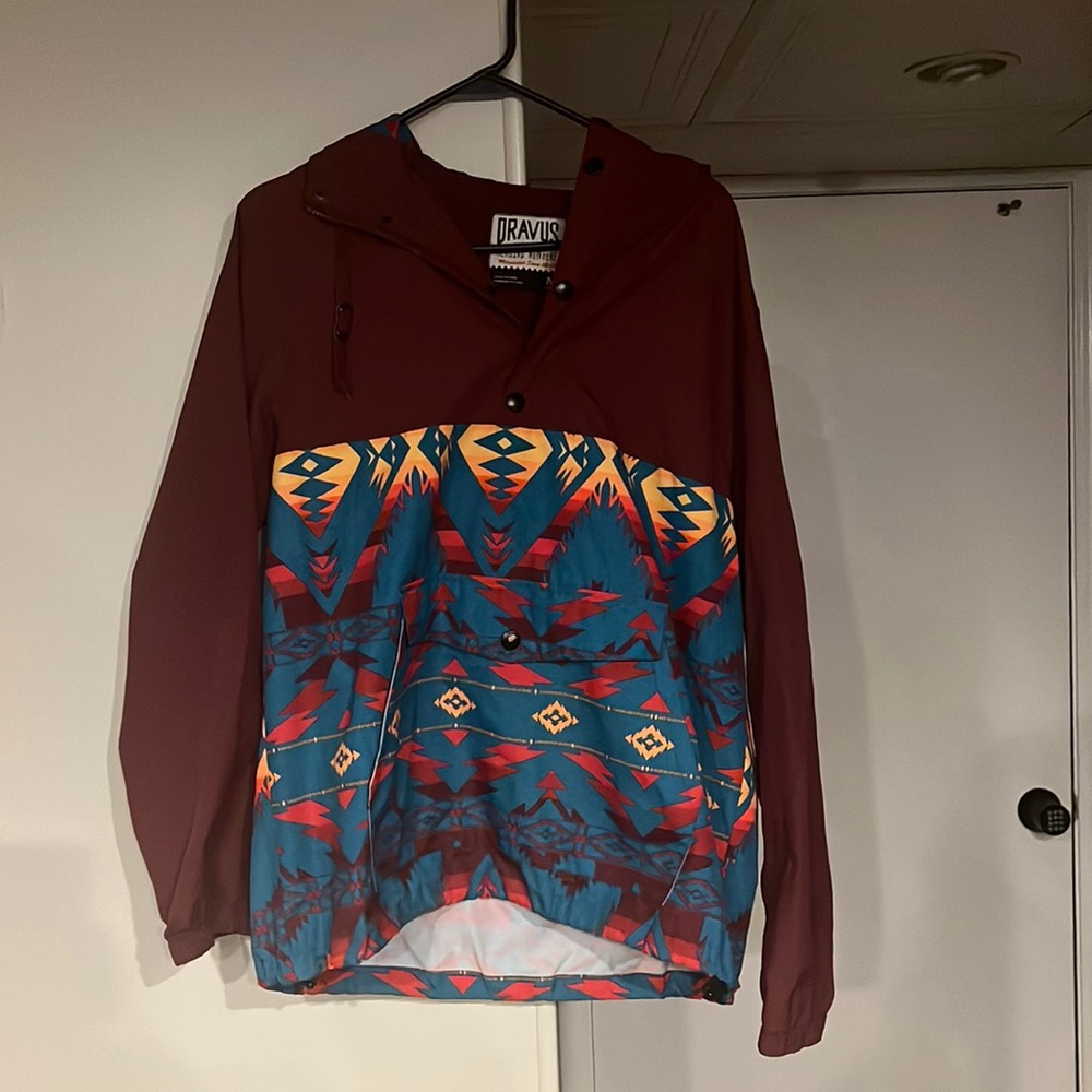 Tribal print windbreaker from Dravus, medium, maroon and blue